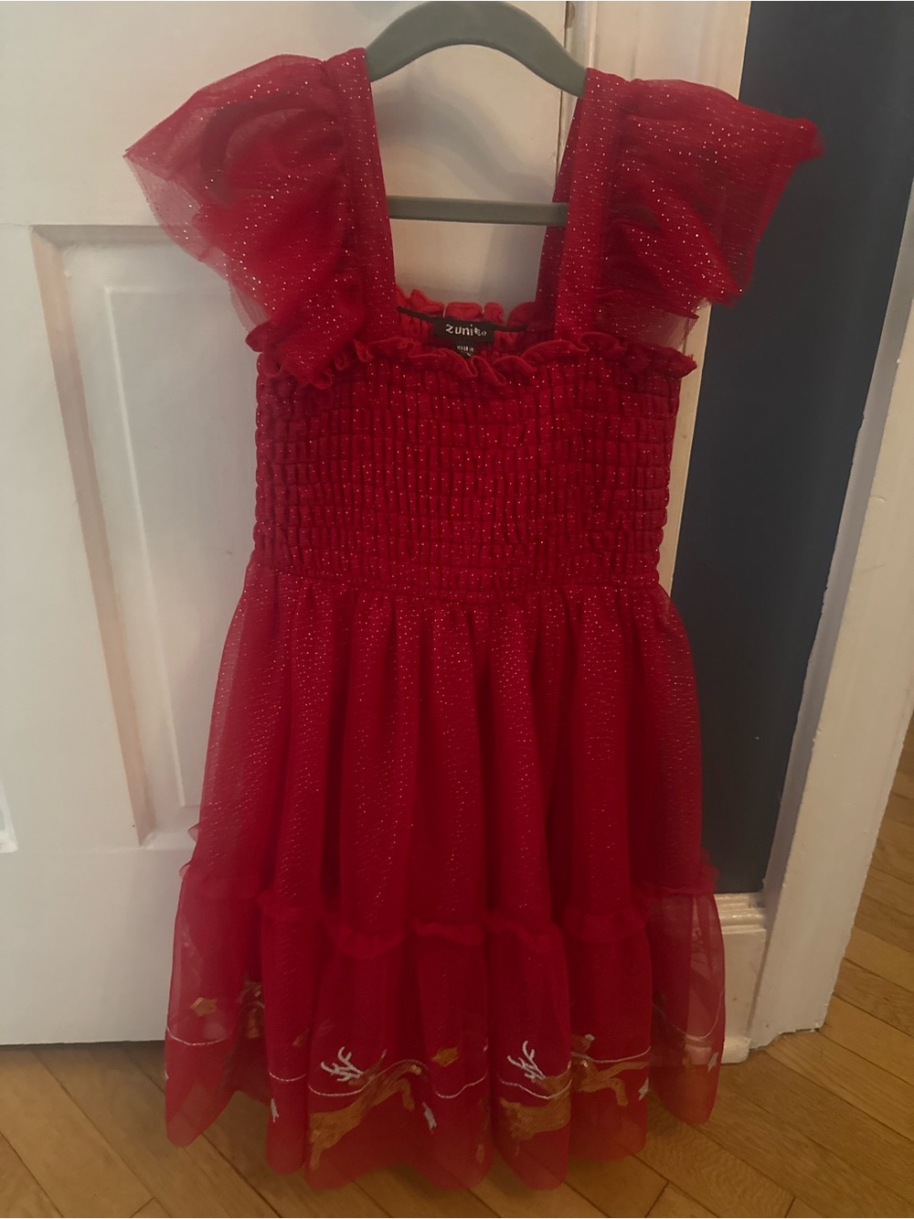 Zunie Red Glitter Tulle Smocked Christmas Parry Dress with Reindeer Sequins